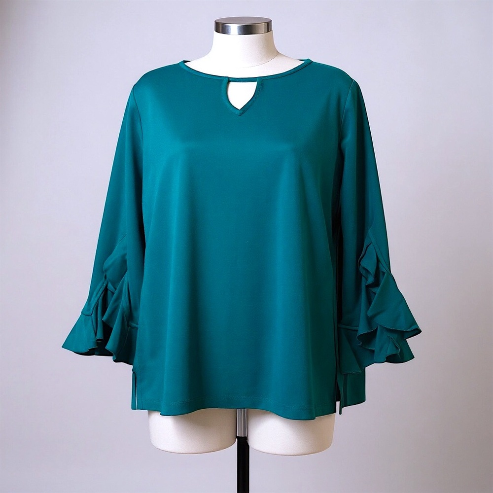 CLEARANCE | Isaac Mizrahi Keyhole Knit Top w/Split Ruffle Fluted Sleeve Blouse - Picture 4 of 14